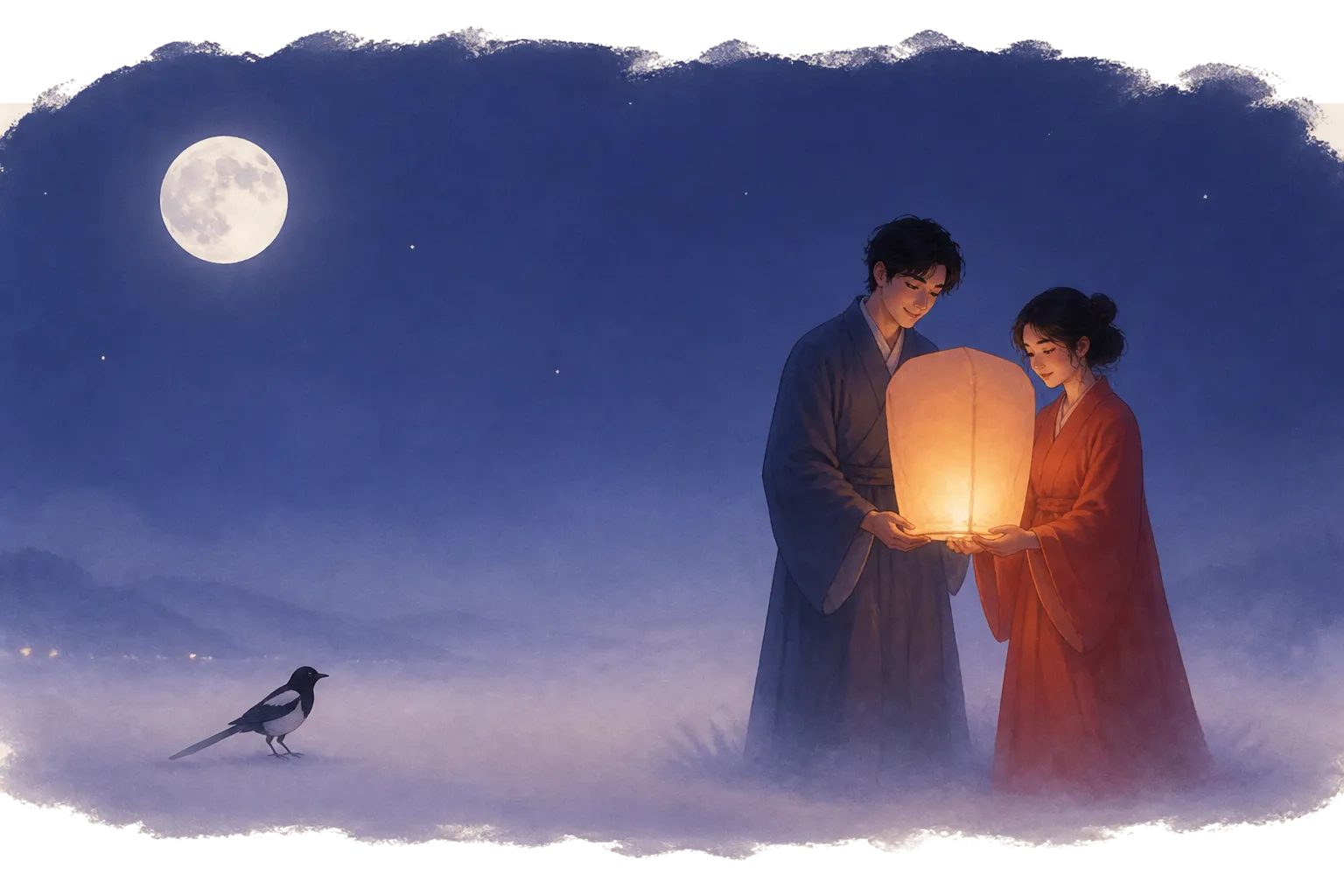 Ngưu Lang và Chức Nữ đứng cạnh nhau, một đèn trời hổ phách