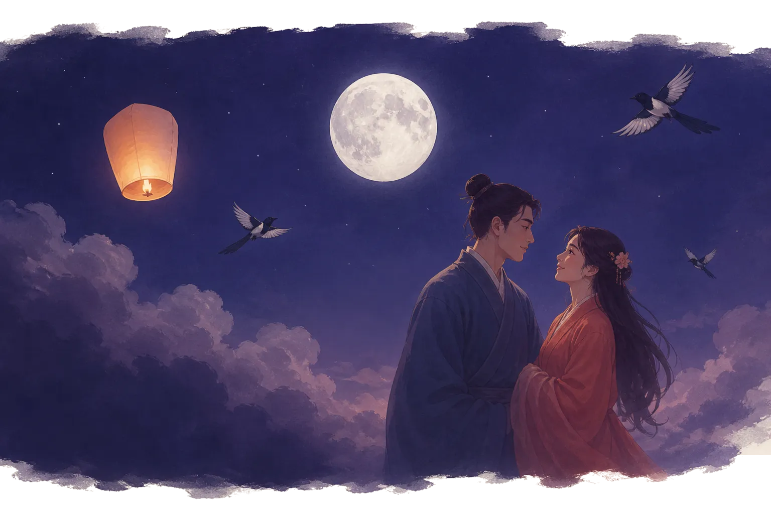 Ngưu Lang áo lam và Chức Nữ áo son gặp nhau dưới trăng, một đèn trời