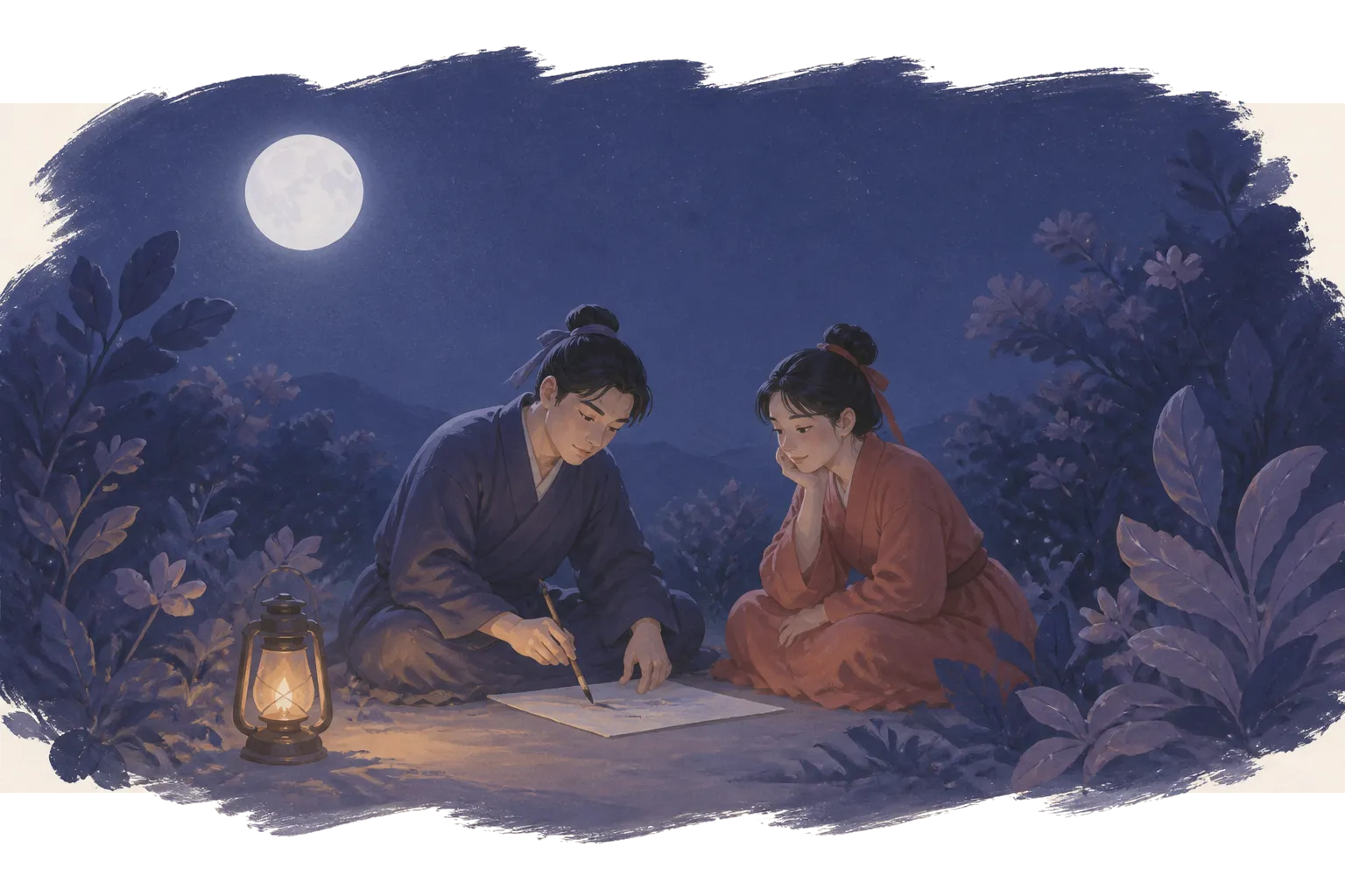 Ngưu Lang và Chức Nữ ngồi đọc giấy mực dưới trăng